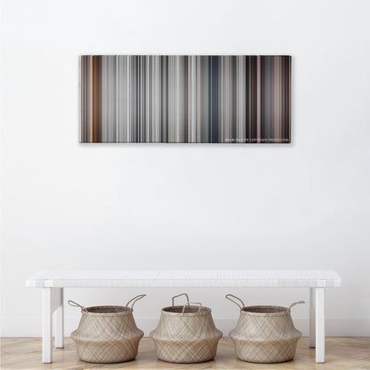 Pleasantville color palette canvas above a white bench with three woven baskets