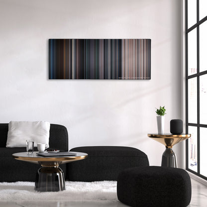 The Avengers color palette canvas above a black sofa with a gold-topped table