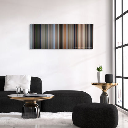 The Living Daylights color palette canvas above a black sofa with a gold-topped table
