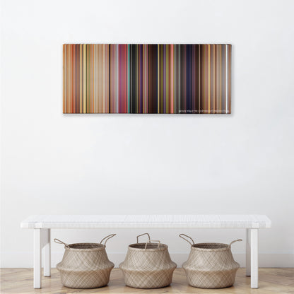 Toy Story color palette canvas above a white bench with three woven baskets
