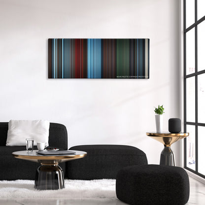 Escape Room color palette canvas above a black sofa with a gold-topped table