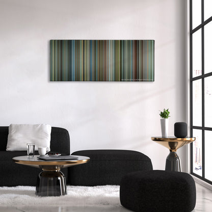 Man on Fire color palette canvas above a black sofa with a gold-topped table