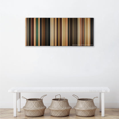 Her color palette canvas above a white bench with three woven baskets