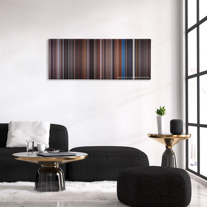 Scrooged color palette canvas above a black sofa with a gold-topped table