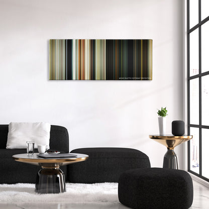 Gemini Man color palette canvas above a black sofa with a gold-topped table