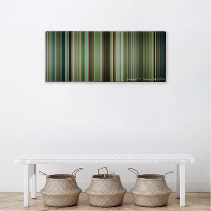 Be Kind Rewind color palette canvas above a white bench with three woven baskets