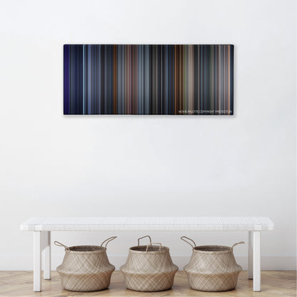 The One color palette canvas above a white bench with three woven baskets
