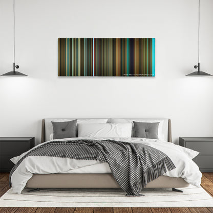 Revolver color palette canvas above a bed, between two black pendant lamps