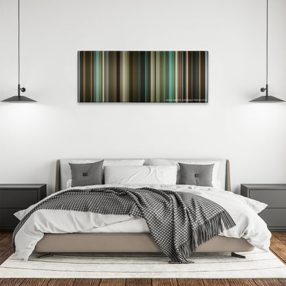 Edge of Darkness color palette canvas above a bed, between two black pendant lamps