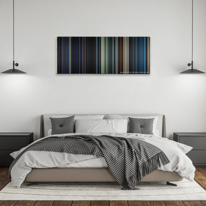 Terminator Genisys color palette canvas above a bed, between two black pendant lamps