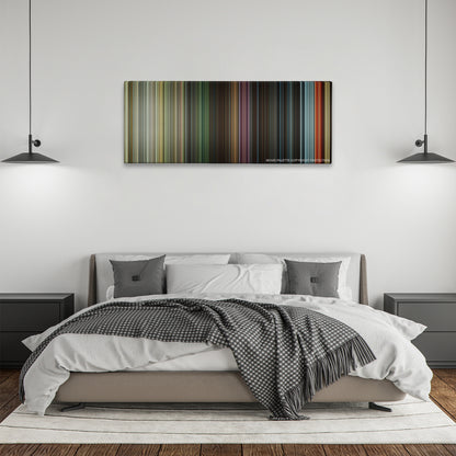 The World's End color palette canvas above a bed, between two black pendant lamps