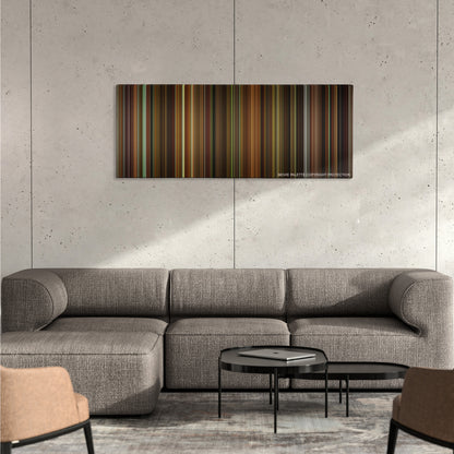 The Secret in Their Eyes color palette canvas on a concrete wall above a gray sectional sofa