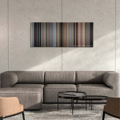 The Living Daylights color palette canvas on a concrete wall above a gray sectional sofa