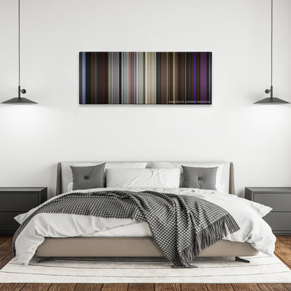 The King of Comedy color palette canvas above a bed, between two black pendant lamps