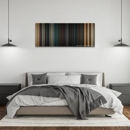 Fast & Furious color palette canvas above a bed, between two black pendant lamps