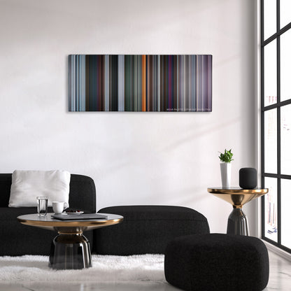 Deadpool color palette canvas above a black sofa with a gold-topped table