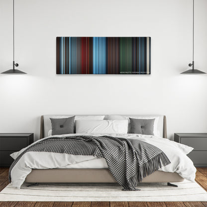 Escape Room color palette canvas above a bed, between two black pendant lamps