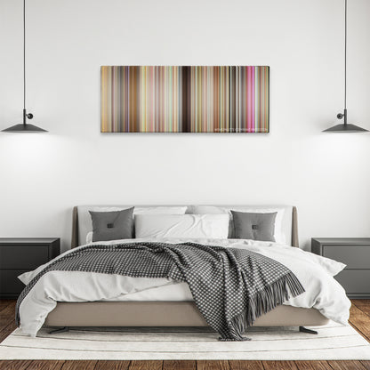 Bad Grandpa color palette canvas above a bed, between two black pendant lamps