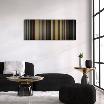 Once Upon a Time... In Hollywood color palette canvas above a black sofa with a gold-topped table