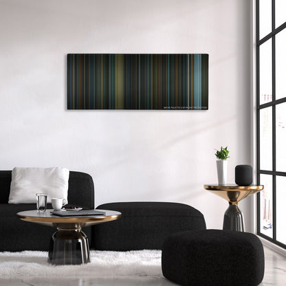Suicide Squad color palette canvas above a black sofa with a gold-topped table