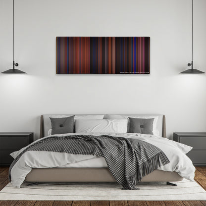 Moulin Rouge! color palette canvas above a bed, between two black pendant lamps