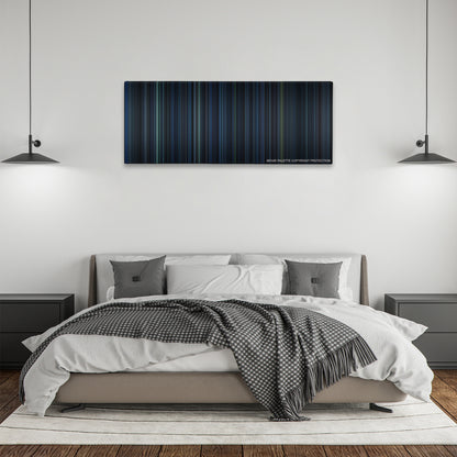 Underworld color palette canvas above a bed, between two black pendant lamps