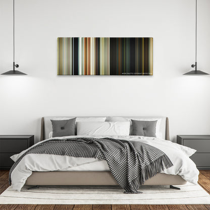 Gemini Man color palette canvas above a bed, between two black pendant lamps