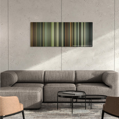 The Boy in the Striped Pajamas color palette canvas on a concrete wall above a gray sectional sofa