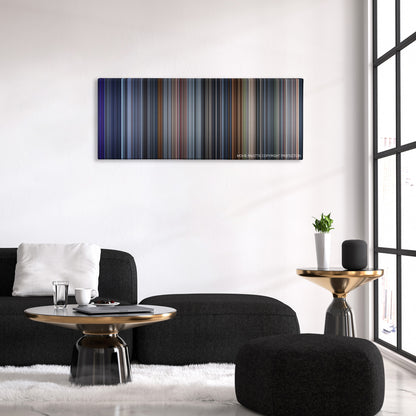 The One color palette canvas above a black sofa with a gold-topped table