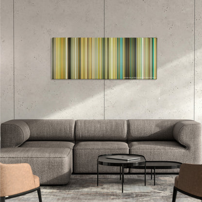 Transporter 2 color palette canvas on a concrete wall above a gray sectional sofa