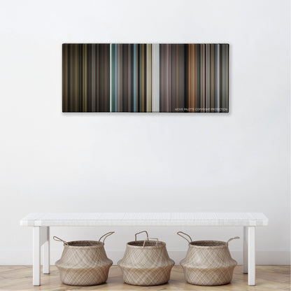 The Death of Stalin color palette canvas above a white bench with three woven baskets