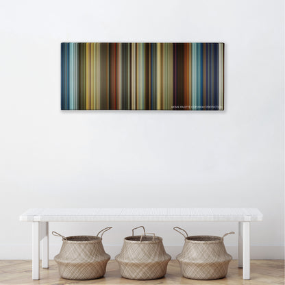 3 Days to Kill color palette canvas above a white bench with three woven baskets