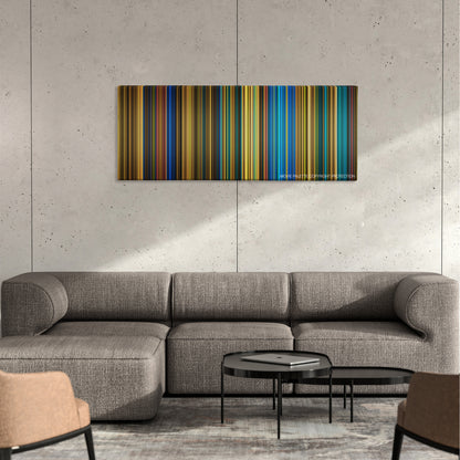 Nosferatu color palette canvas on a concrete wall above a gray sectional sofa