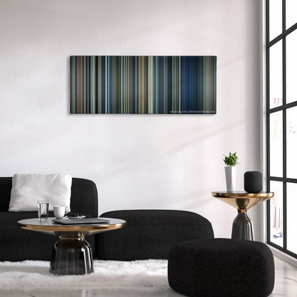 The Lord of the Rings: The Two Towers color palette canvas above a black sofa with a gold-topped table