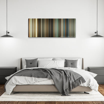 The Box color palette canvas above a bed, between two black pendant lamps