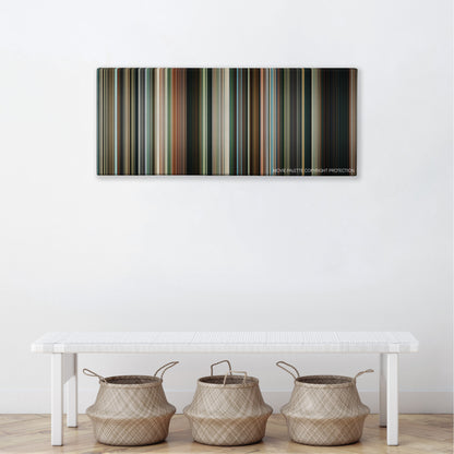 Widows color palette canvas above a white bench with three woven baskets