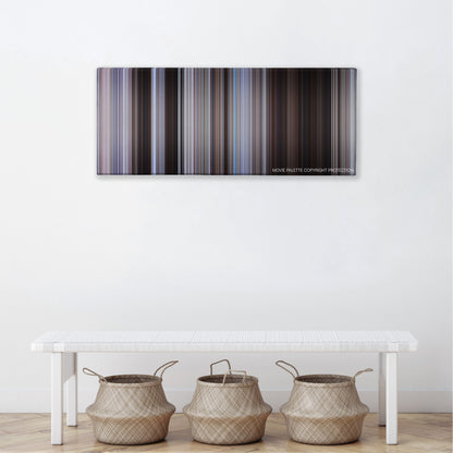 The Magnificent Seven color palette canvas above a white bench with three woven baskets