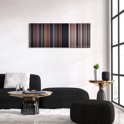 Blood Simple color palette canvas above a black sofa with a gold-topped table