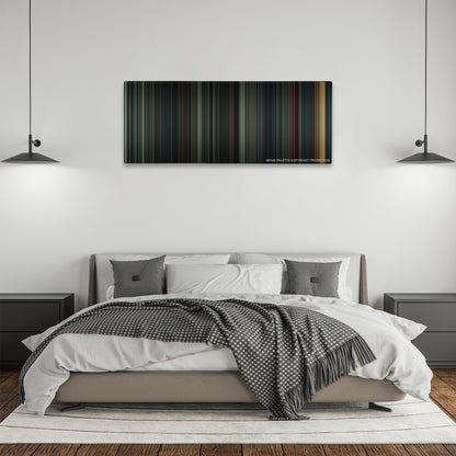 Dark Shadows color palette canvas above a bed, between two black pendant lamps