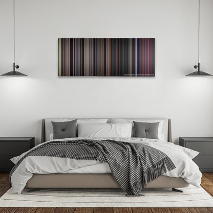 Creed color palette canvas above a bed, between two black pendant lamps