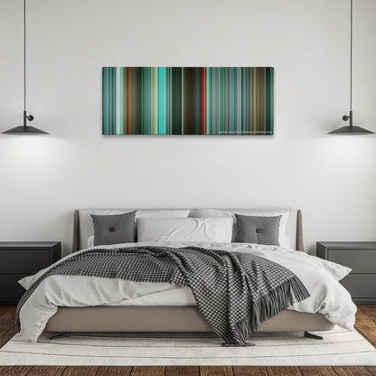 Unknown color palette canvas above a bed, between two black pendant lamps