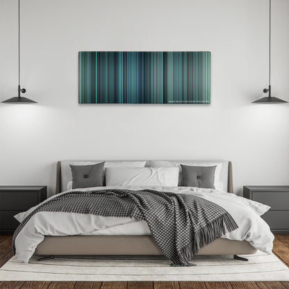 Non-Stop color palette canvas above a bed, between two black pendant lamps