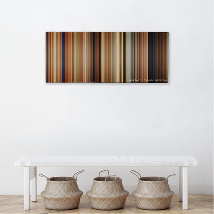 Killers color palette canvas above a white bench with three woven baskets