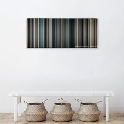Concussion color palette canvas above a white bench with three woven baskets