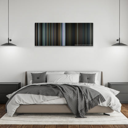 Now You See Me 2 color palette canvas above a bed, between two black pendant lamps