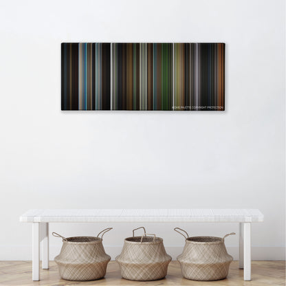 Elektra color palette canvas above a white bench with three woven baskets