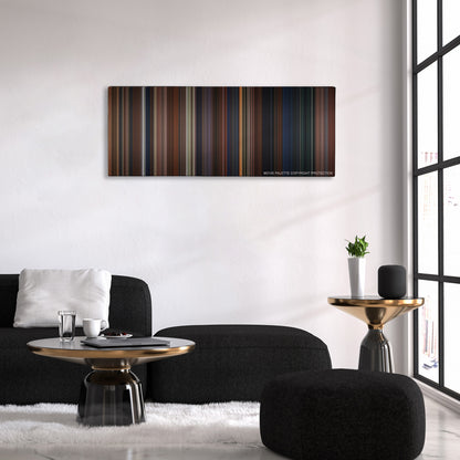 Harry Potter and the Chamber of Secrets color palette canvas above a black sofa with a gold-topped table