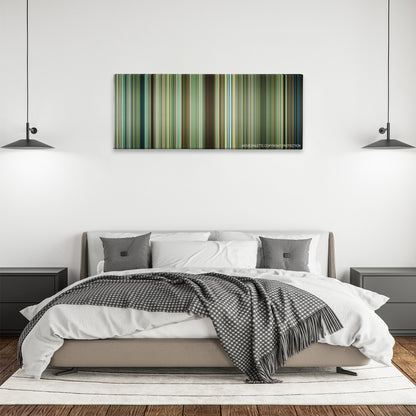 Be Kind Rewind color palette canvas above a bed, between two black pendant lamps