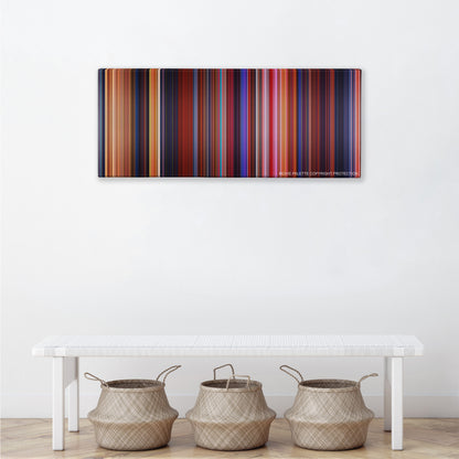 Beauty and the Beast color palette canvas above a white bench with three woven baskets