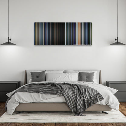 Hulk color palette canvas above a bed, between two black pendant lamps